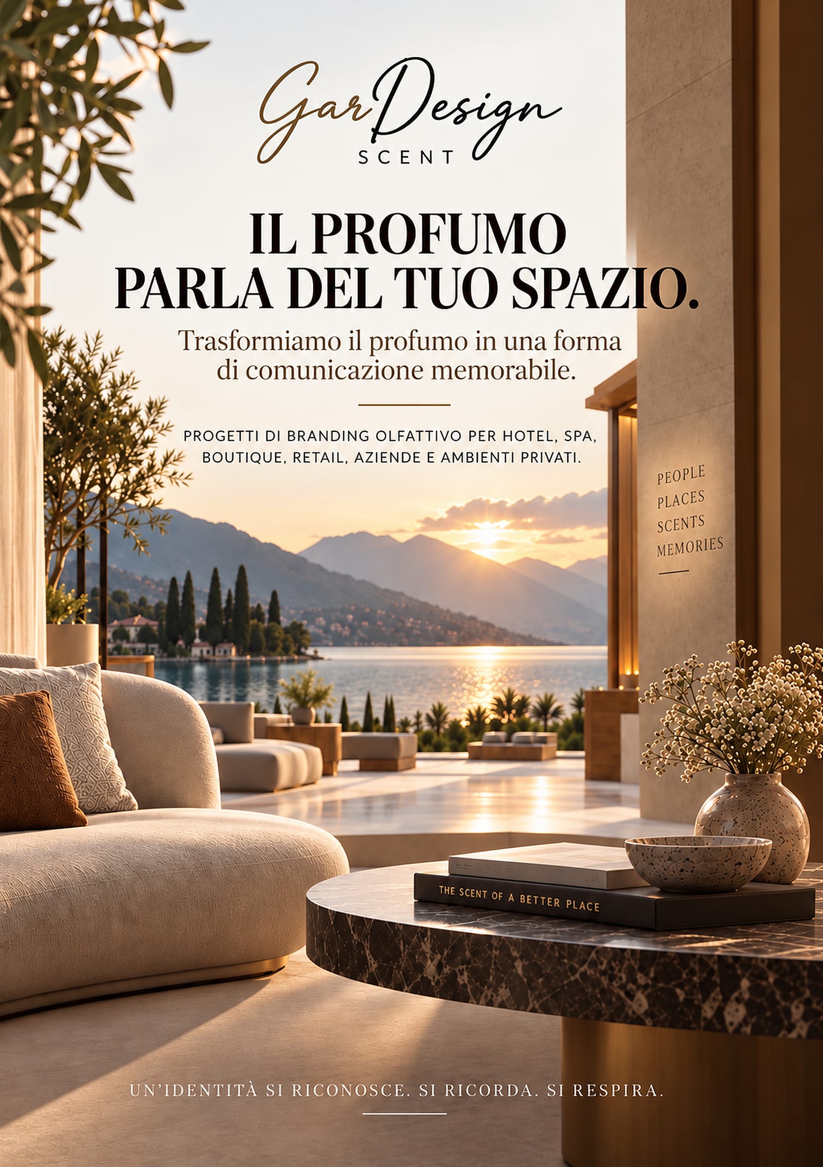 GarDesign Scent. Il profumo parla del tuo spazio. Trasformiamo il profumo in una forma di comunicazione memorabile. Progetti di branding olfattivo per hotel, spa, boutique, retail, aziende e ambienti privati. People, places, scents, memories. Un’identità si riconosce. Si ricorda. Si respira.